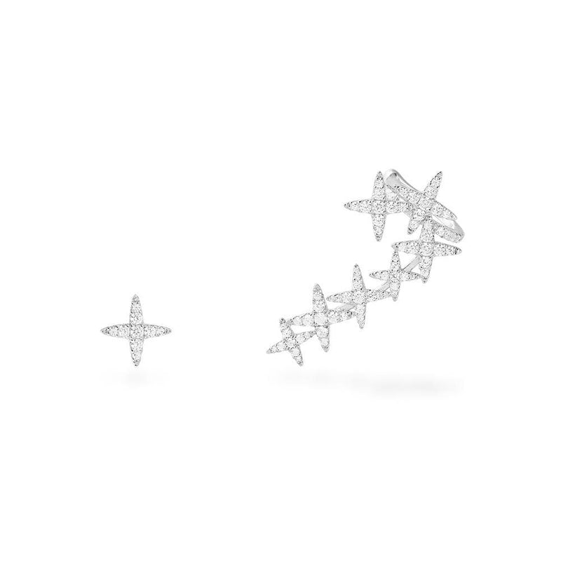 Stars Ear Cuff and Stud - White Silver