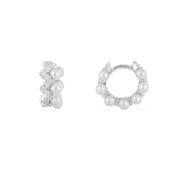 Small Up and Down Hoop Earrings with Pearls - White Silver