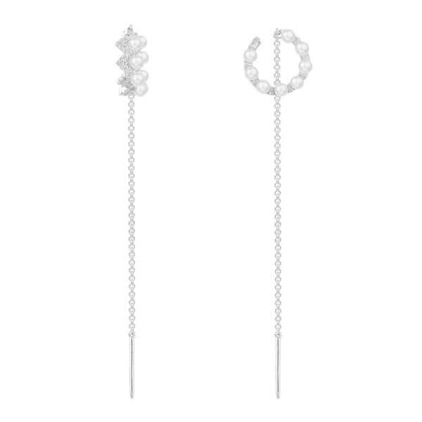 Up and Down Pearls Ear Cuff with Chains - White Silver