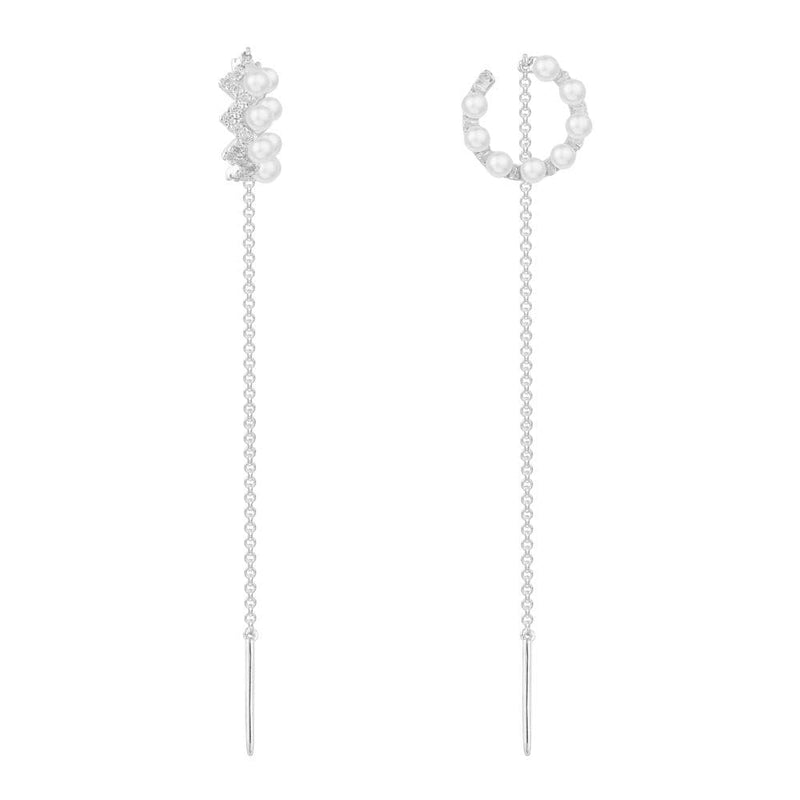 Up and Down Pearls Ear Cuff with Chains - White Silver