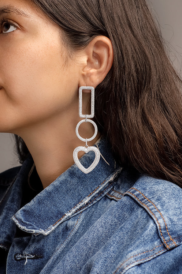 APM Monaco Single Rectangle Circle and Heart Drop Earring in white silver