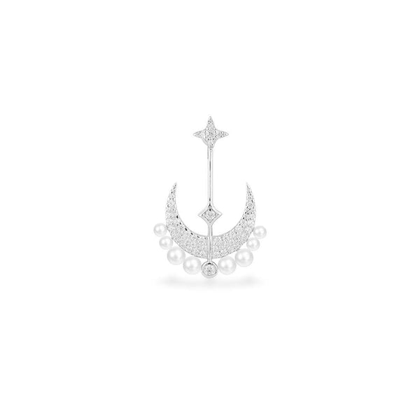 Single Moon & Stars Ear Jacket with Pearls -  Silver