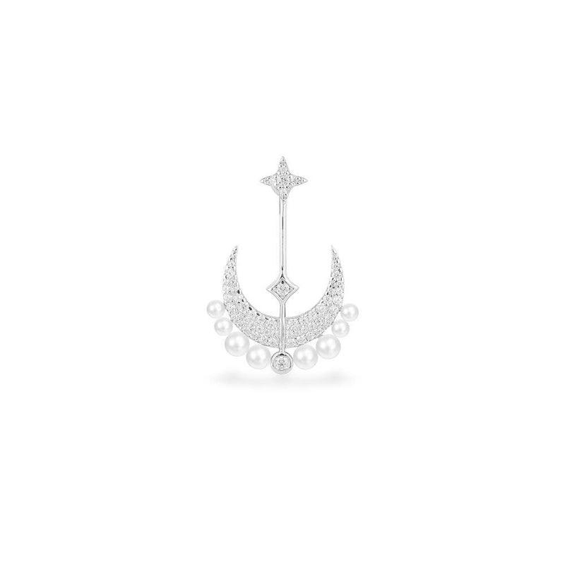 Single Moon & Stars Ear Jacket with Pearls -  Silver