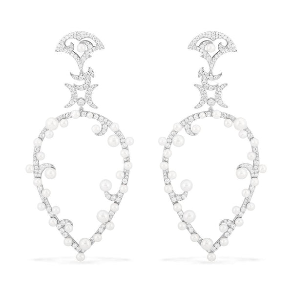 Moon Pear Shaped Earrings with Pearls - White Silver