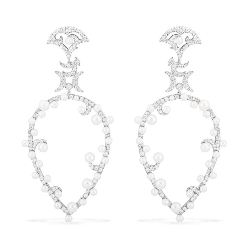 Moon Pear Shaped Earrings with Pearls - White Silver