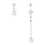 Asymmetric Cross Earrings with Pearls - White Silver