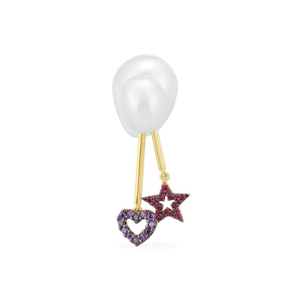 Single Pearl Ear Jacket With Heart And Star Pendants - Yellow Silver