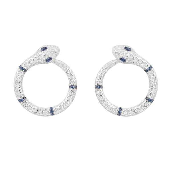 Serpent Round Earrings with Navy Blue Stones - White Silver