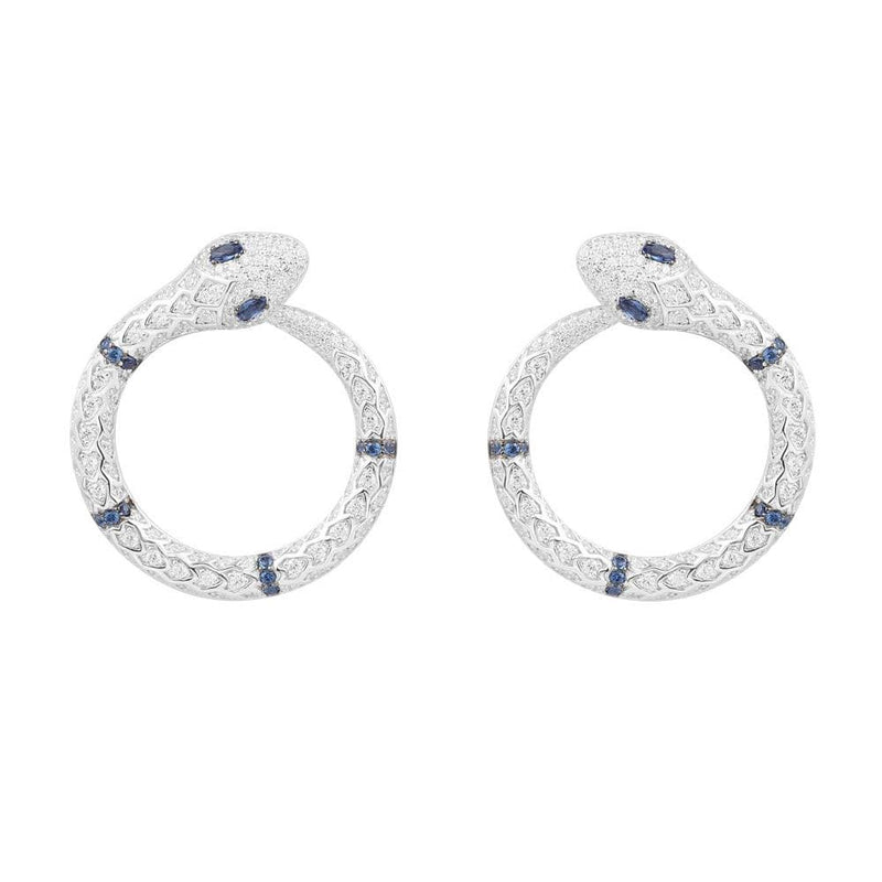 Serpent Round Earrings with Navy Blue Stones - White Silver