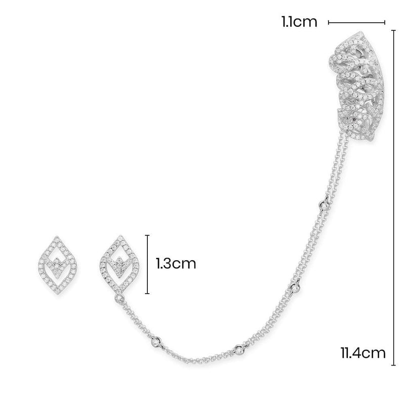 Arabesque Ear cuff with Chain and Studs - White Silver