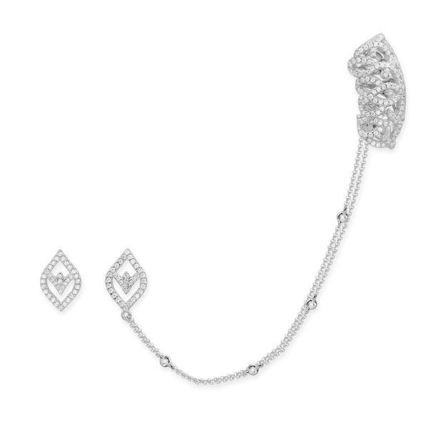 Arabesque Ear cuff with Chain and Studs - White Silver