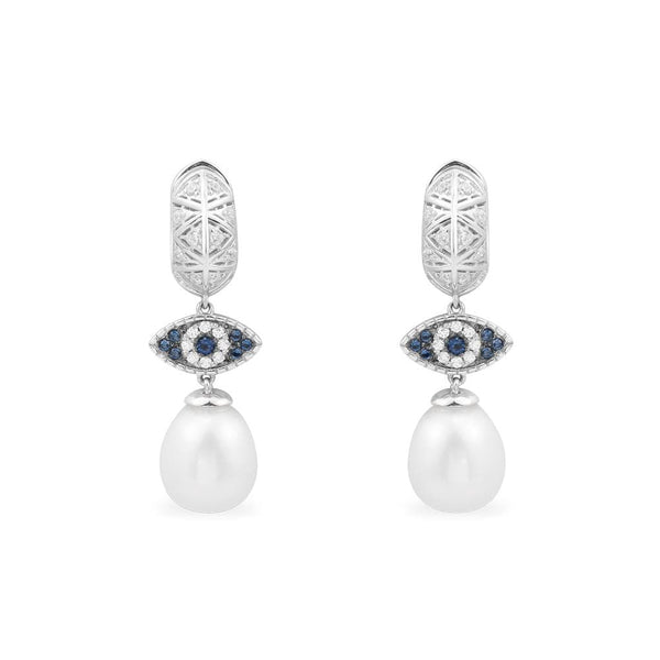 Lucky Eye Earrings With Pearls - White Silver