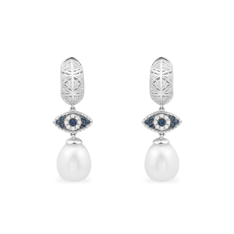 Lucky Eye Earrings With Pearls - White Silver