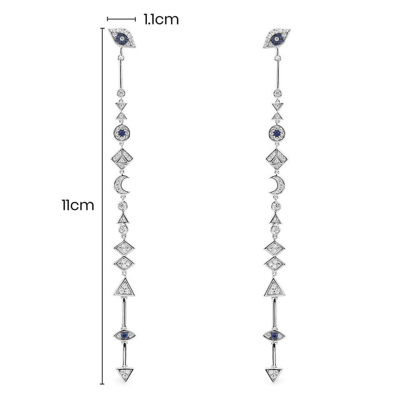 Lucky Eye and Symbols Drop Earrings - White Silver