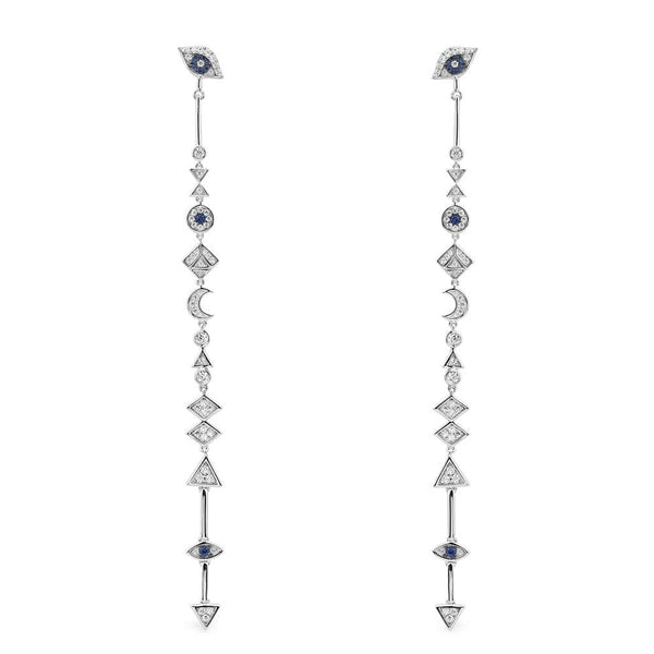 Lucky Eye and Symbols Drop Earrings - White Silver