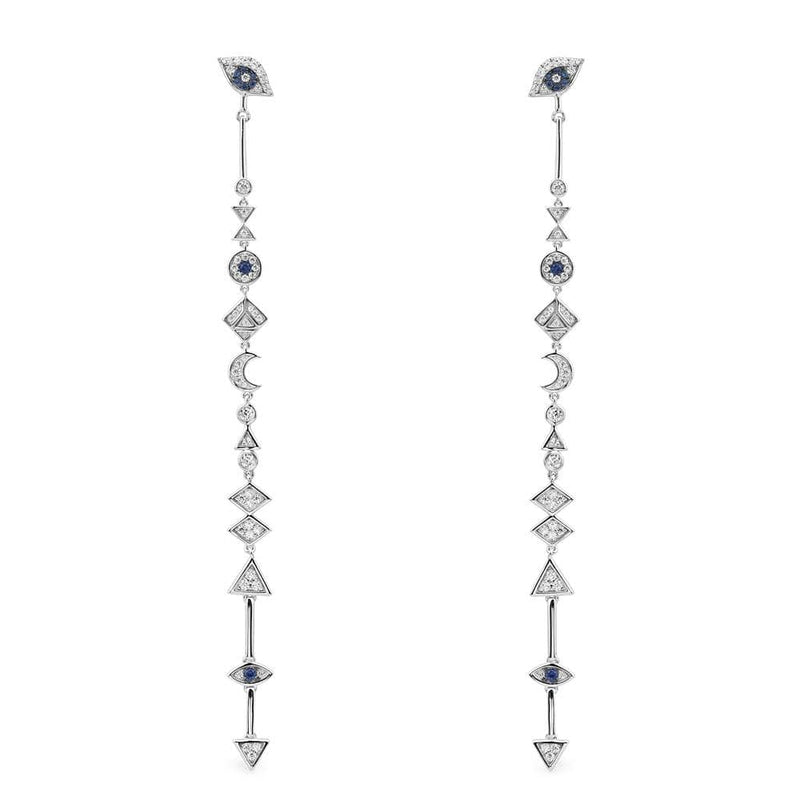 Lucky Eye and Symbols Drop Earrings - White Silver