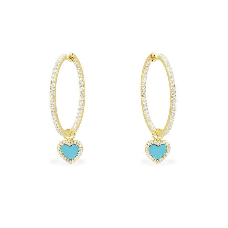 Hoop Earrings with Lagoon Blue Heart - Yellow Silver