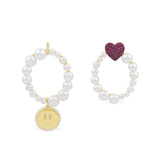 Asymmetric Pearl Earrings Heart & Happy Face - Yellow Silver