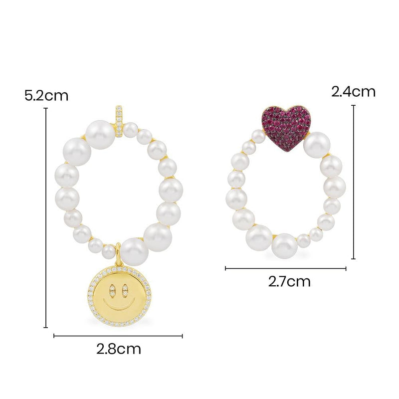 Asymmetric Pearl Earrings Heart & Happy Face - Yellow Silver