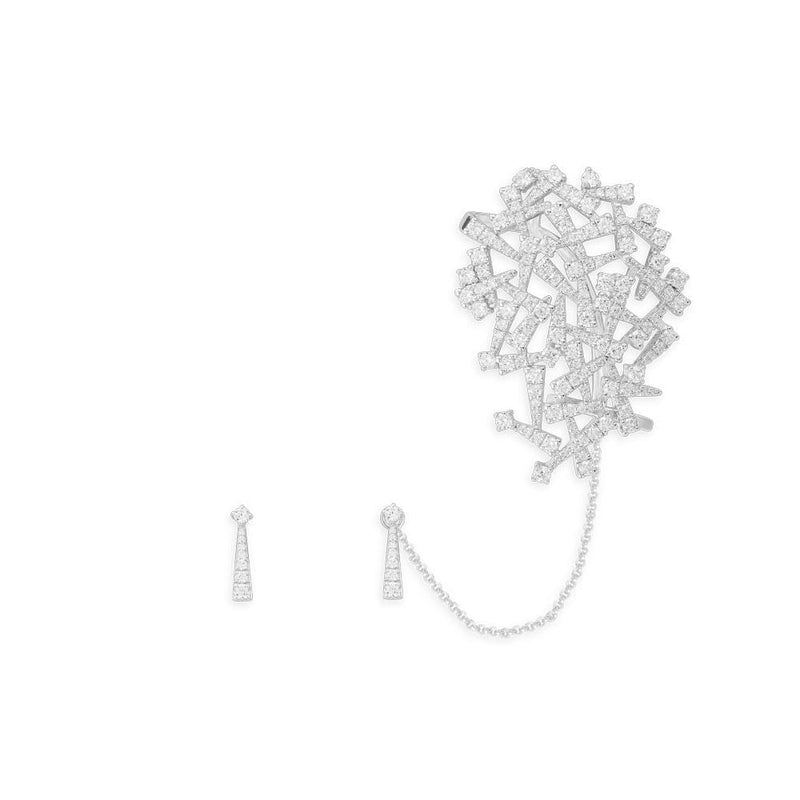 Festival Ear Cuff and Studs with Chain - White Silver