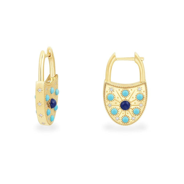 Blue Stone Lock Hoop Earrings - Yellow Silver