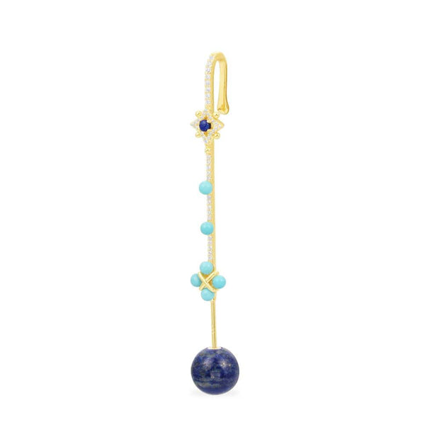 Single Sliding Bar Blue Stone Earring - Yellow Silver