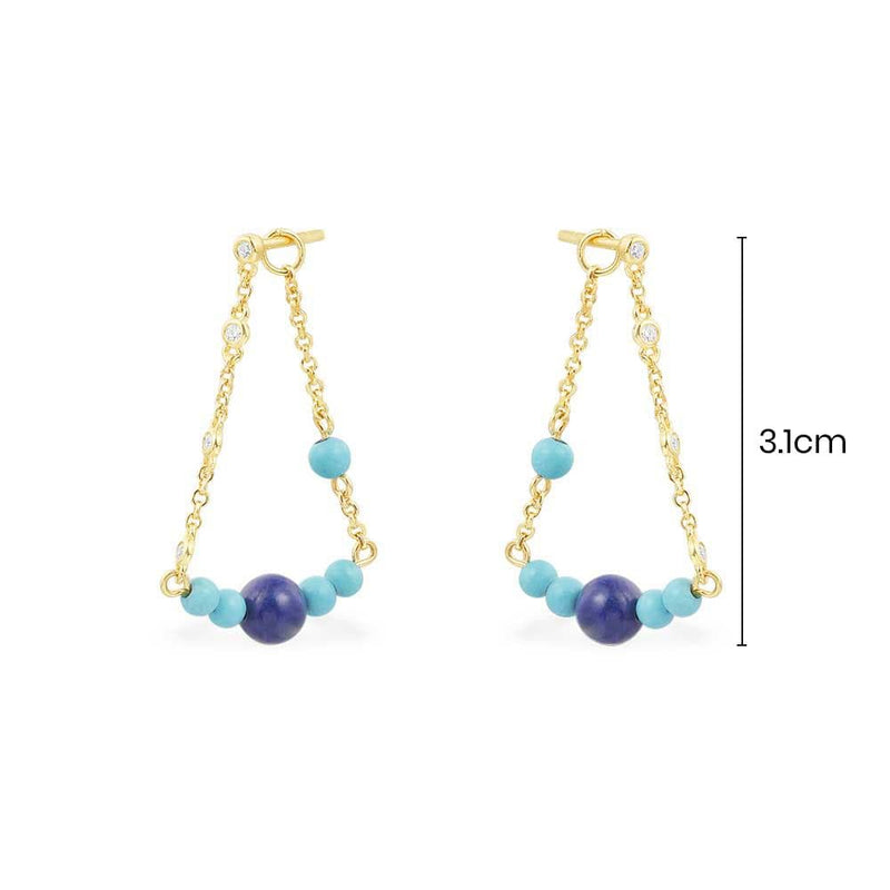 Dainty Chain Blue Stone Drop Earrings - Yellow Silver