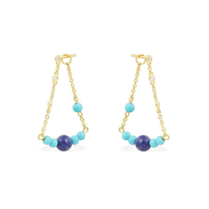 Dainty Chain Blue Stone Drop Earrings - Yellow Silver