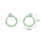 Neon Green Serpent Round Earrings - White Silver