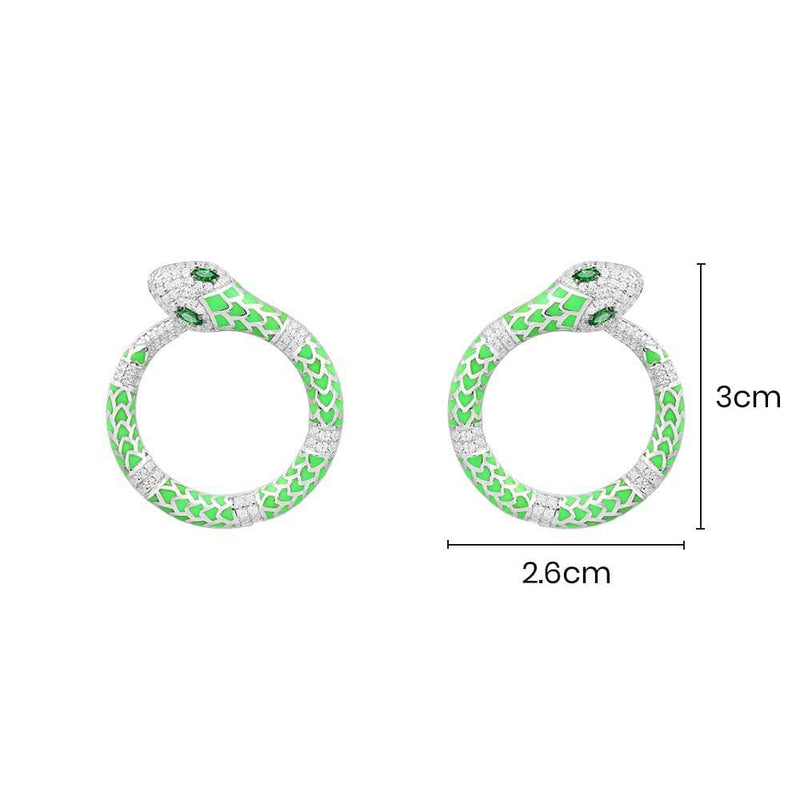 Neon Green Serpent Round Earrings - White Silver