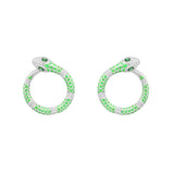 Neon Green Serpent Round Earrings - White Silver