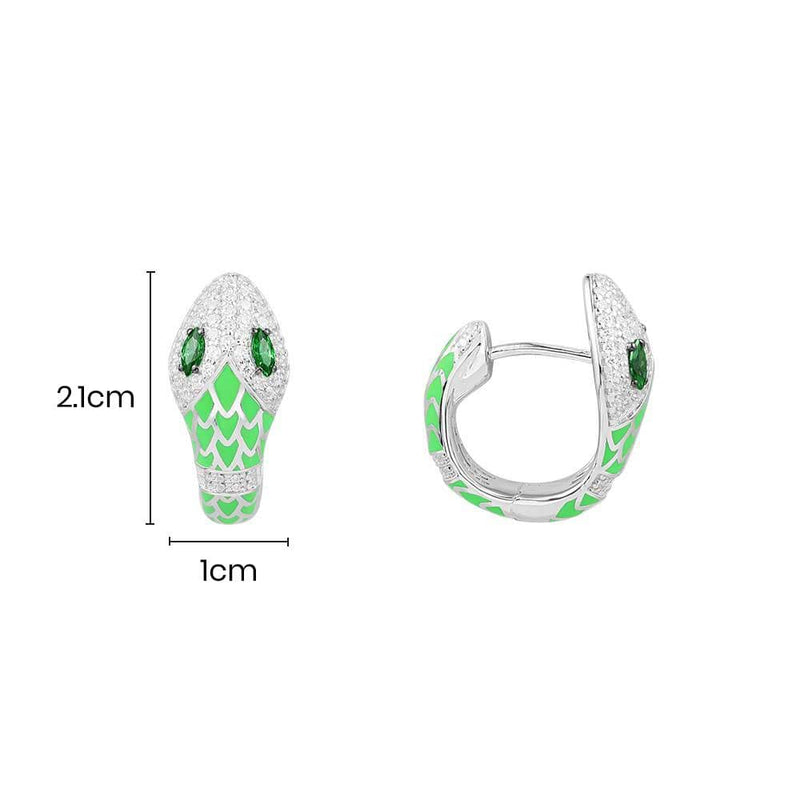 Small Neon Green Serpent Hoop Earrings - White Silver