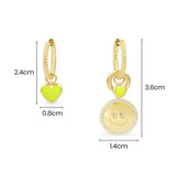 Asymmetric Neon Yellow Heart & Happy Face Hoop Earrings - Yellow Silver