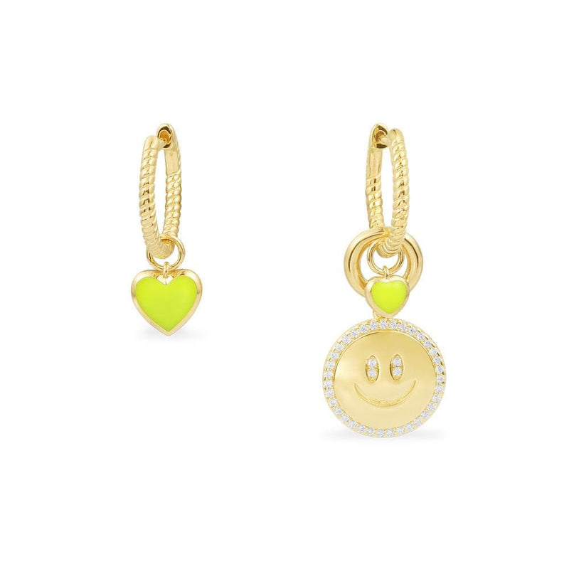 Asymmetric Neon Yellow Heart & Happy Face Hoop Earrings - Yellow Silver