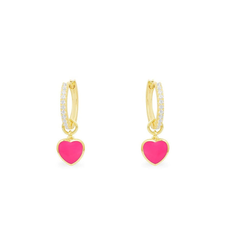 Neon Pink Heart Hoop Earrings - Yellow Silver