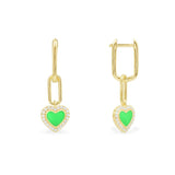 Neon Green Heart Chain Earrings - Yellow Silver