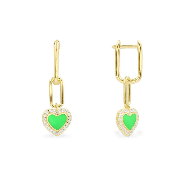 Neon Green Heart Chain Earrings - Yellow Silver