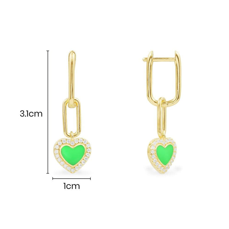 Neon Green Heart Chain Earrings - Yellow Silver