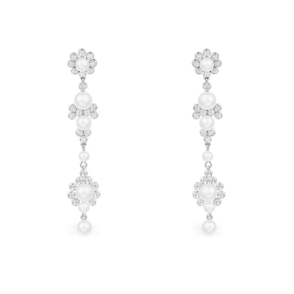 Pearl Flowers Drop Earrings - Silver