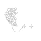 Cutout Statement Ear Cuff with Chain and Star Studs - White Silver