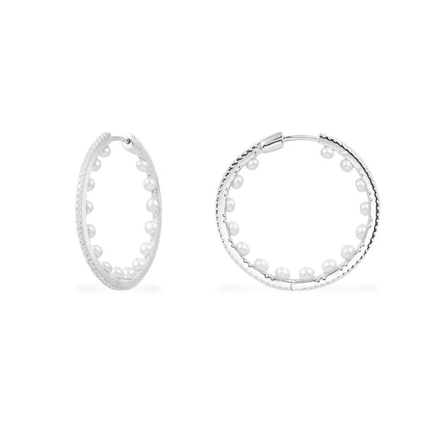 Pavé Hoop Earrings with Pearls - Silver