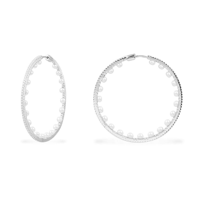 Pavé Hoop Earrings with Pearls - Silver