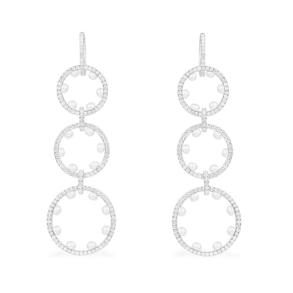 Long Pavé Hoop Earrings with Pearls - Silver