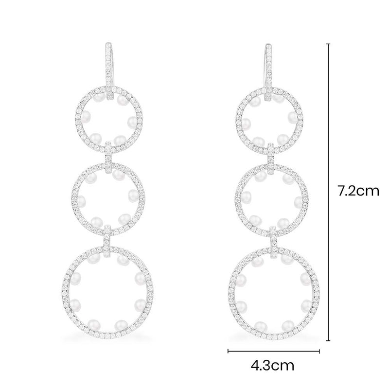 Long Pavé Hoop Earrings with Pearls - Silver