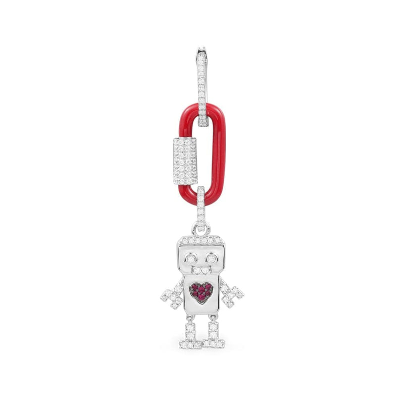 Single Red Chain-link Earring with Robot - silver