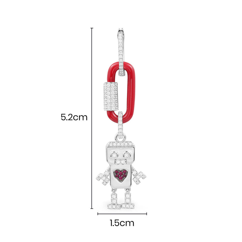 Single Red Chain-link Earring with Robot - silver