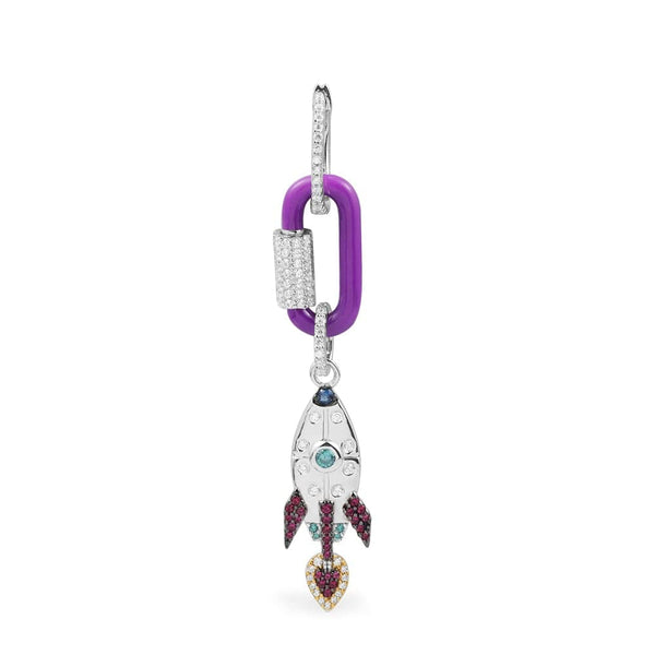 Single Purple Chain-link Earring with Rocket - silver