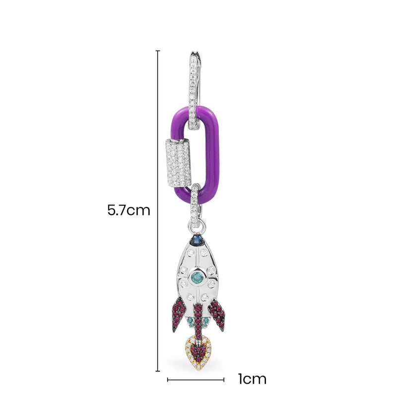 Single Purple Chain-link Earring with Rocket - silver