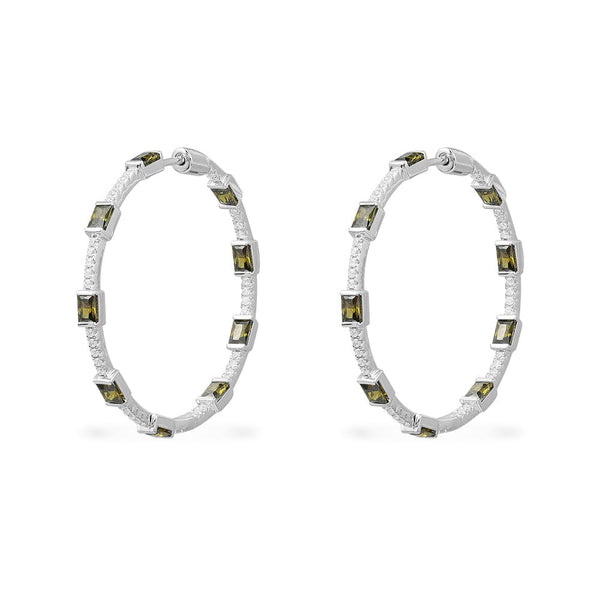 Green Pavé Hoop Earrings - silver