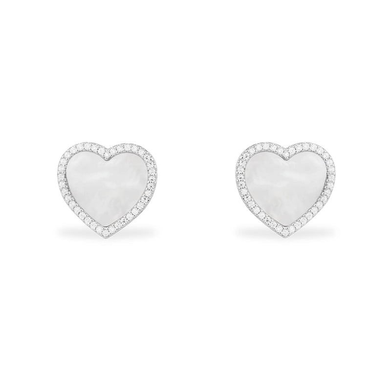 White Nacre Heart Stud Earrings - silver